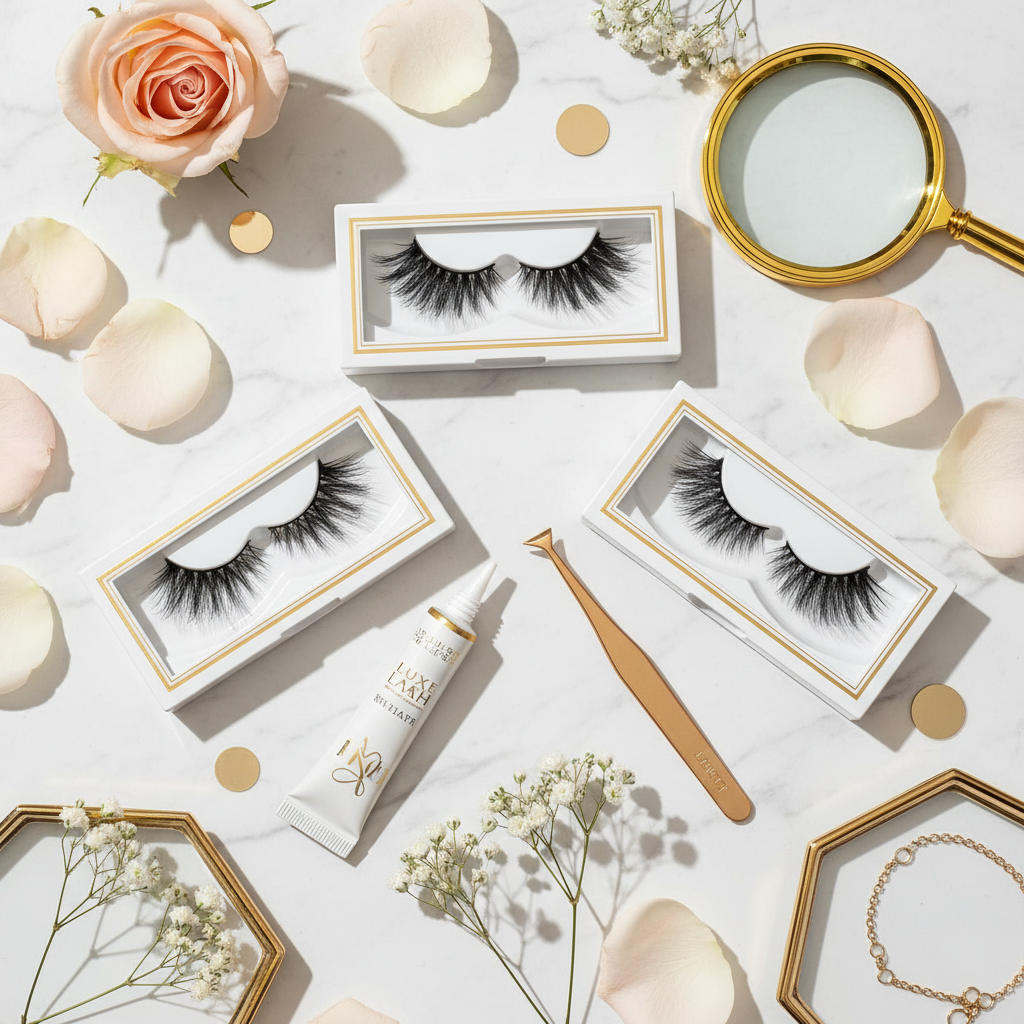 Wispy Glam False Eyelashes flat lay with tools